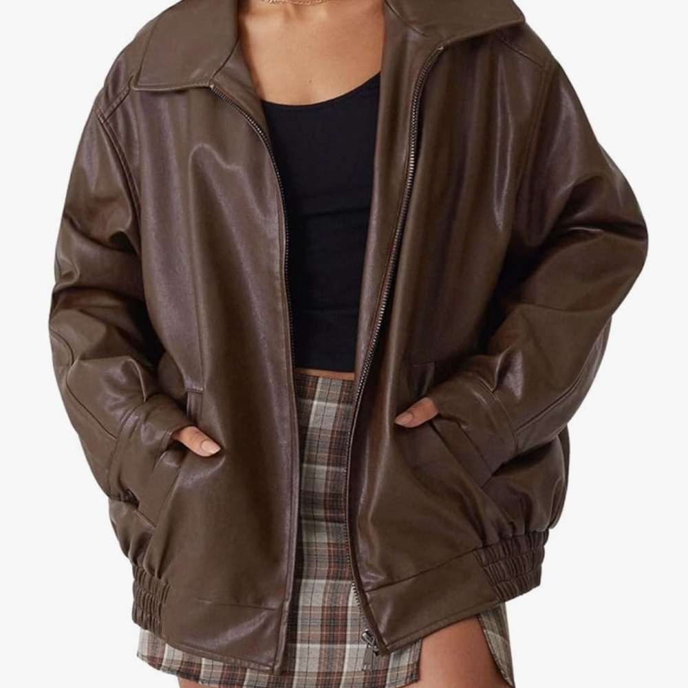 Oversized Faux Brown Leather Jacket